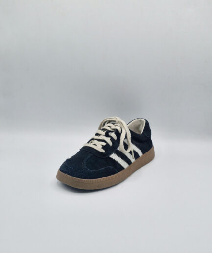 black suede sneakers with white stripes