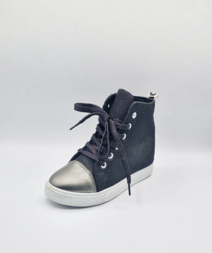 Hi-top wedge trainers with silver canvas toe caps and black laces